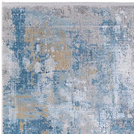 Blue Gold and Gray Abstract Power Loom Area Rug With Fringe Photo 4