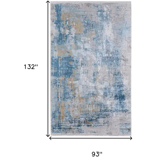 Blue Gold and Gray Abstract Power Loom Area Rug With Fringe Photo 3