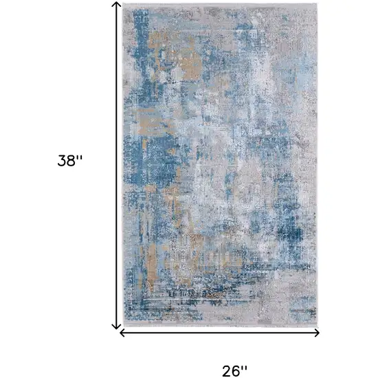 Blue Gold and Gray Abstract Power Loom Area Rug With Fringe Photo 3