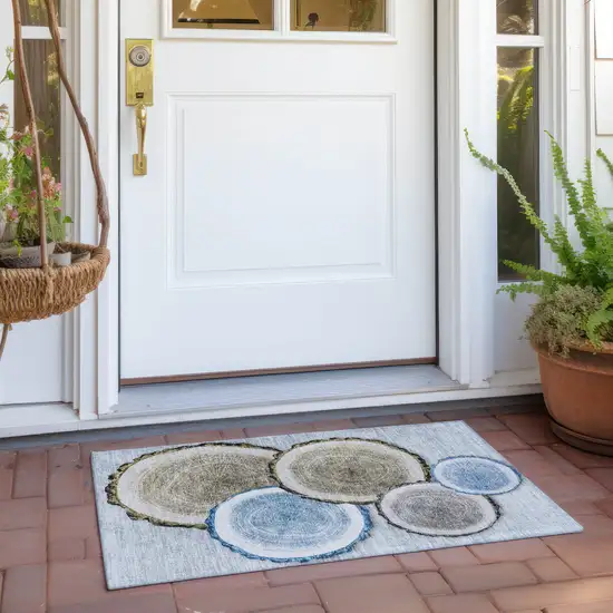 Blue Gold and Gray Faux Bois Washable Non Skid Indoor Outdoor Area Rug Photo 8