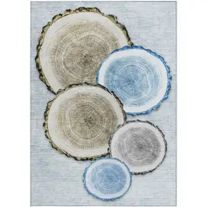 Photo of Blue Gold and Gray Faux Bois Washable Non Skid Indoor Outdoor Area Rug