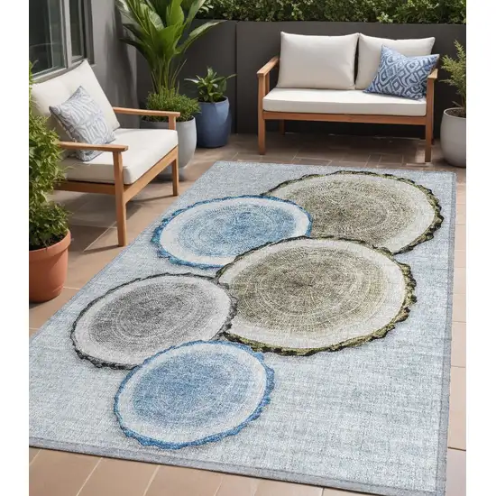 Blue Gold and Gray Faux Bois Washable Non Skid Indoor Outdoor Area Rug Photo 1