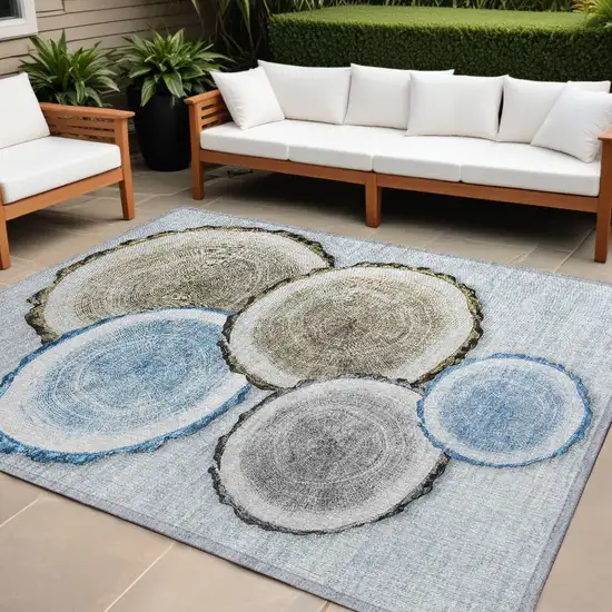 Blue Gold and Gray Faux Bois Washable Non Skid Indoor Outdoor Area Rug Photo 1