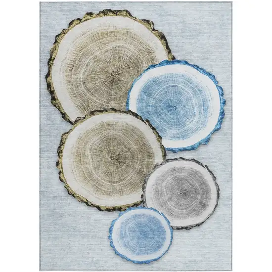 Blue Gold and Gray Faux Bois Washable Non Skid Indoor Outdoor Area Rug Photo 5