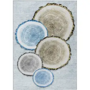 Photo of Blue Gold and Gray Faux Bois Washable Non Skid Indoor Outdoor Area Rug