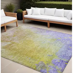 Photo of Blue Gold and Wheat Abstract Washable Non Skid Indoor Outdoor Area Rug