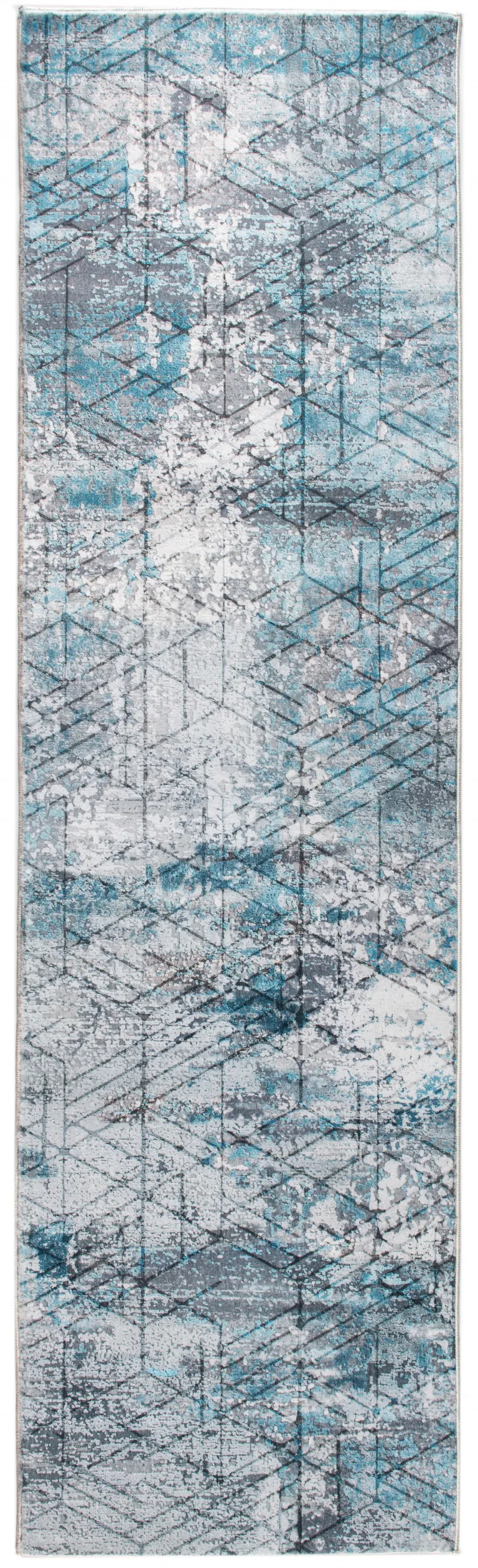 Blue Gray Abstract Cuboid Modern Runner Rug Photo 3