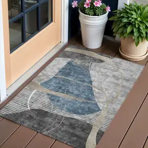 Photo of Blue Gray And Charcoal Abstract Washable Indoor Outdoor Area Rug