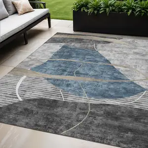 Photo of Blue Gray And Charcoal Abstract Washable Indoor Outdoor Area Rug