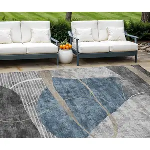 Photo of Blue Gray And Charcoal Abstract Washable Indoor Outdoor Area Rug