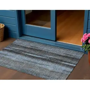 Photo of Blue Gray And Charcoal Botanical Leaves Washable Indoor Outdoor Area Rug