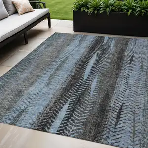 Photo of Blue Gray And Charcoal Botanical Leaves Washable Indoor Outdoor Area Rug