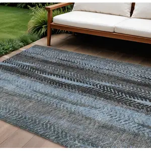 Photo of Blue Gray And Charcoal Botanical Leaves Washable Indoor Outdoor Area Rug