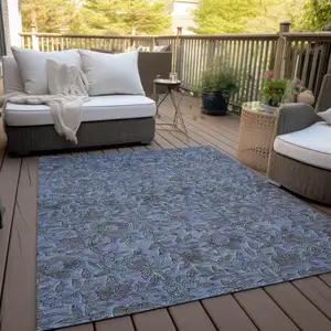 Photo of Blue Gray And Charcoal Floral Washable Indoor Outdoor Area Rug