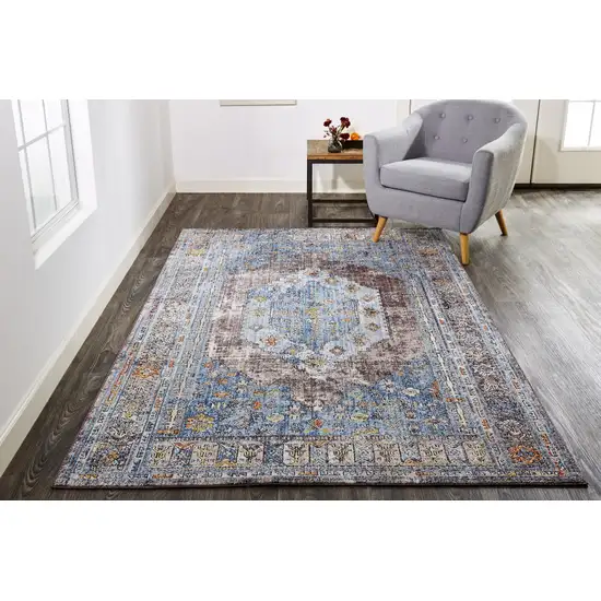 Blue Gray And Gold Floral Stain Resistant Area Rug Photo 7