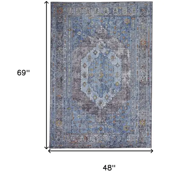 Blue Gray And Gold Floral Stain Resistant Area Rug Photo 9