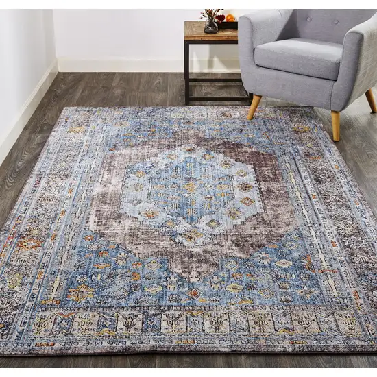 Blue Gray And Gold Floral Stain Resistant Area Rug Photo 8