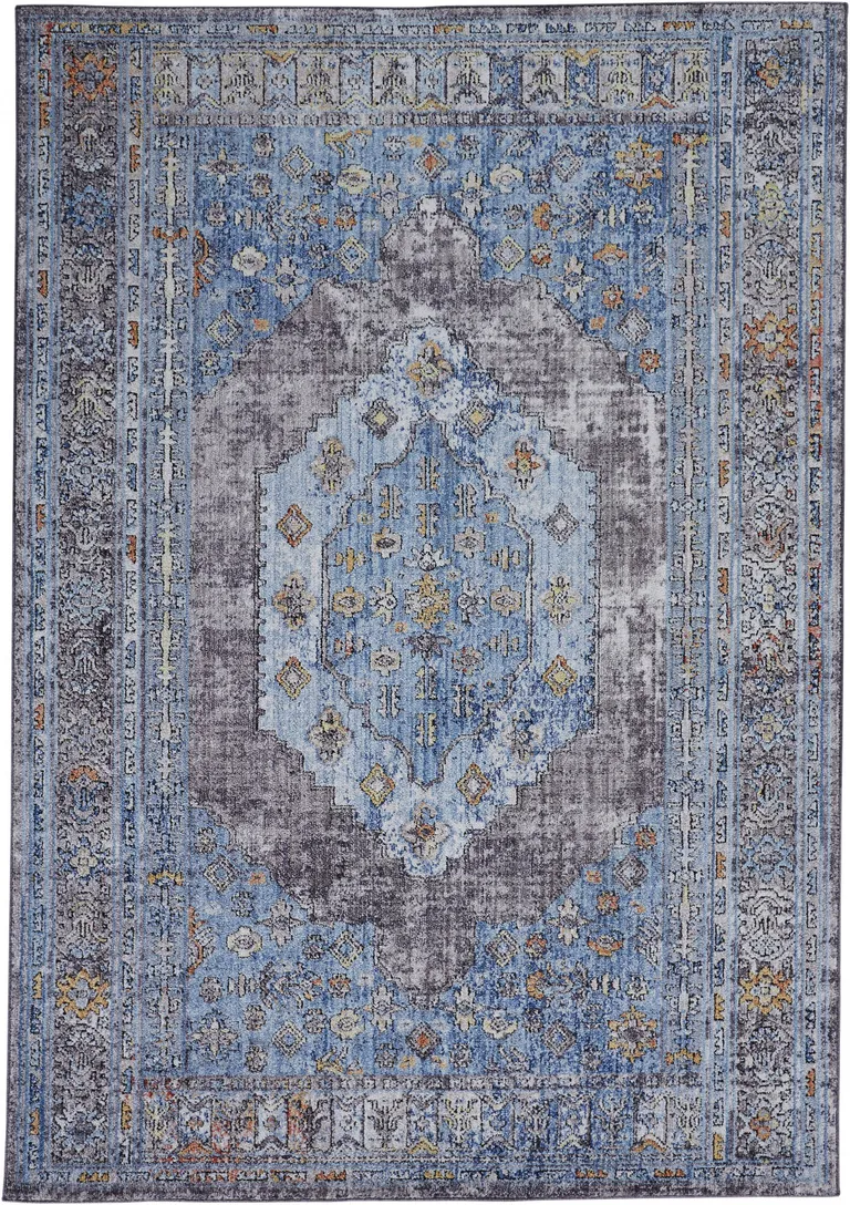 Blue Gray And Gold Floral Stain Resistant Area Rug Photo 1