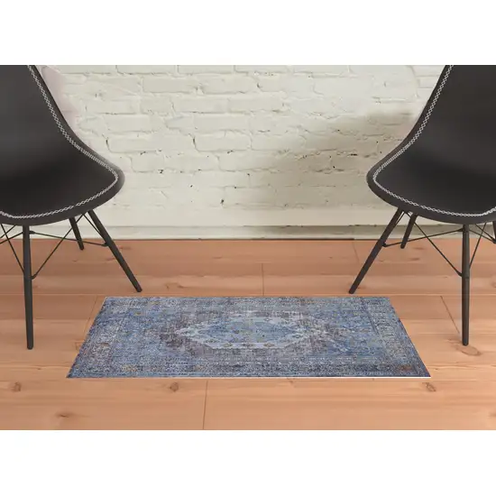 Blue Gray And Gold Floral Stain Resistant Area Rug Photo 5