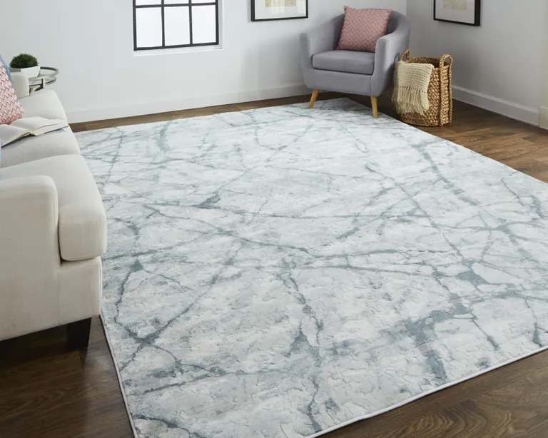 Blue Gray And Ivory Abstract Distressed Stain Resistant Area Rug Photo 4