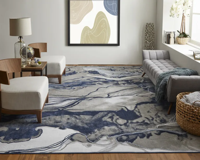 Blue Gray And Ivory Abstract Power Loom Stain Resistant Area Rug Photo 5