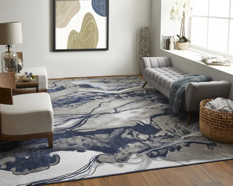 Blue Gray And Ivory Abstract Power Loom Stain Resistant Area Rug Photo 4