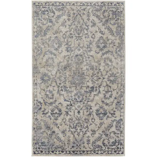 Blue Gray And Ivory Floral Power Loom Distressed Area Rug Photo 1