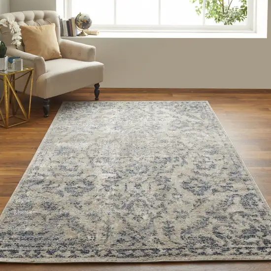 Blue Gray And Ivory Floral Power Loom Distressed Area Rug Photo 6