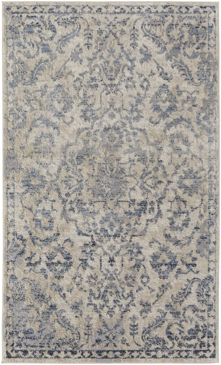 Blue Gray And Ivory Floral Power Loom Distressed Area Rug Photo 1