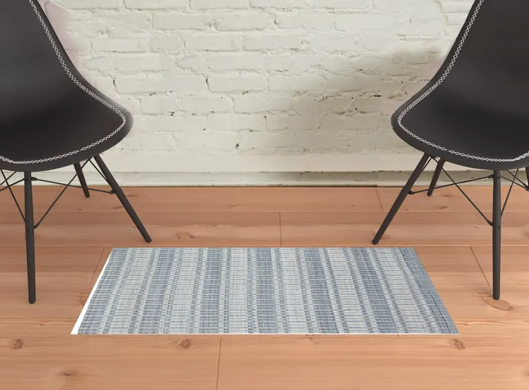 Blue Gray And Ivory Striped Hand Woven Area Rug Photo 2