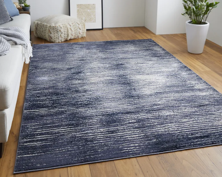 Blue Gray And Ivory Striped Power Loom Distressed Area Rug Photo 5