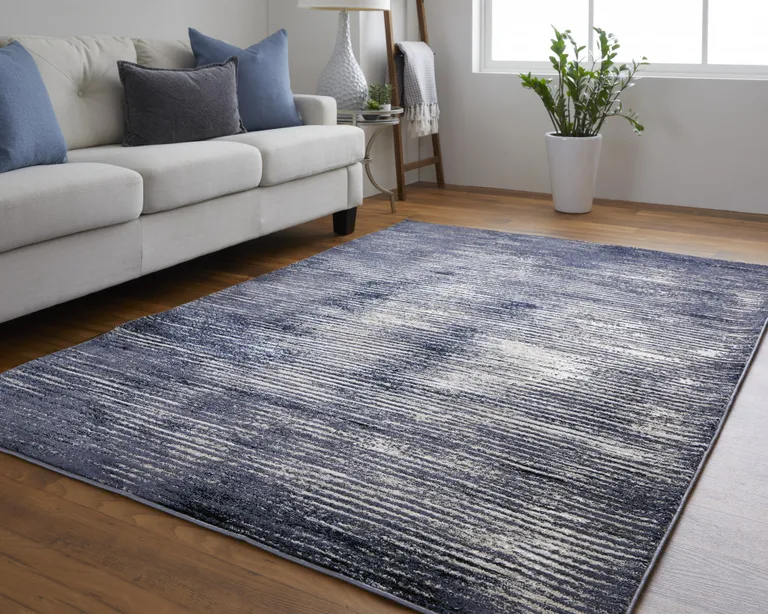 Blue Gray And Ivory Striped Power Loom Distressed Area Rug Photo 4