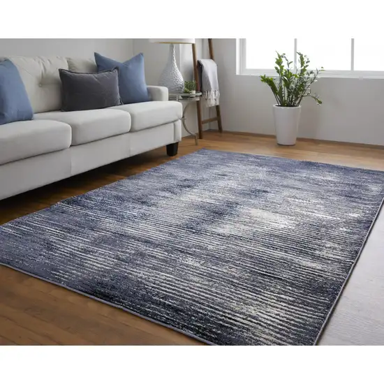 Blue Gray And Ivory Striped Power Loom Distressed Area Rug Photo 4