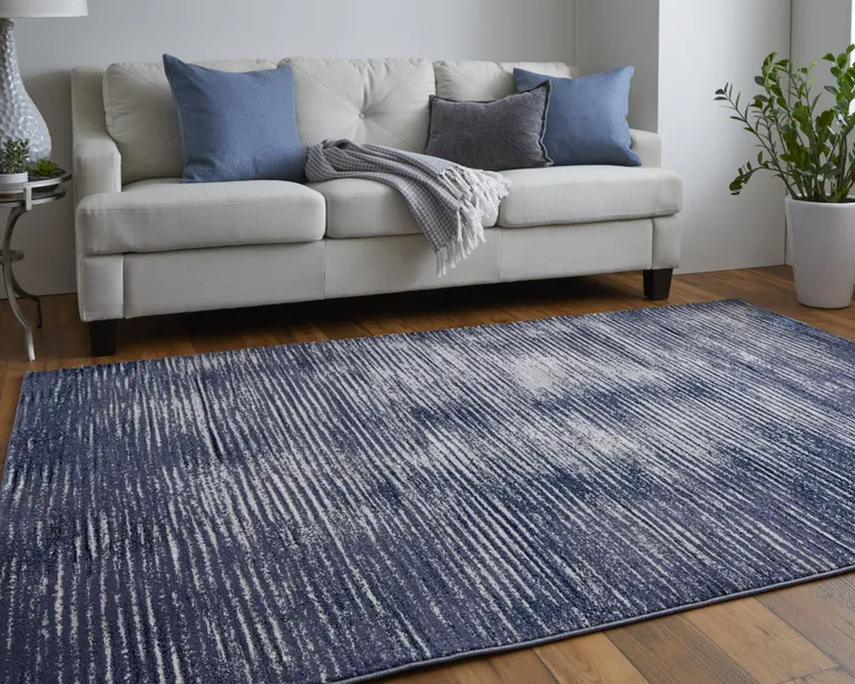 Blue Gray And Ivory Striped Power Loom Distressed Area Rug Photo 4