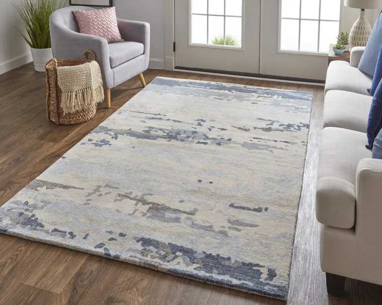 Blue Gray And Ivory Wool Abstract Tufted Handmade Stain Resistant Area Rug Photo 5