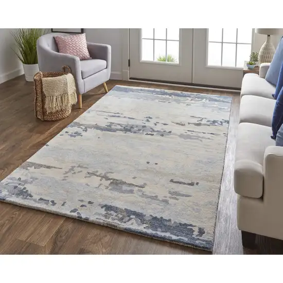 Blue Gray And Ivory Wool Abstract Tufted Handmade Stain Resistant Area Rug Photo 5