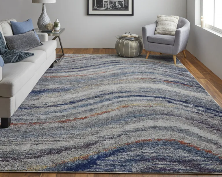 Blue Gray And Orange Abstract Power Loom Stain Resistant Area Rug Photo 4