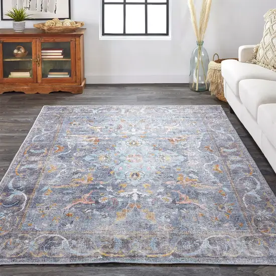 Blue Gray And Orange Floral Area Rug Photo 8