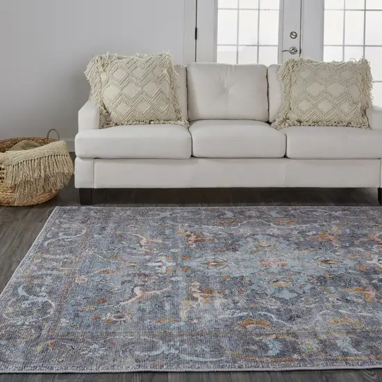 Blue Gray And Orange Floral Area Rug Photo 7