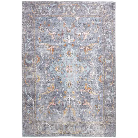 Blue Gray And Orange Floral Area Rug Photo 2