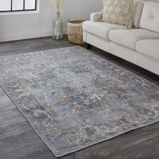 Blue Gray And Orange Floral Area Rug Photo 6