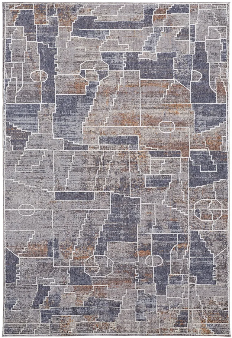 Blue Gray And Orange Geometric Power Loom Stain Resistant Area Rug Photo 1