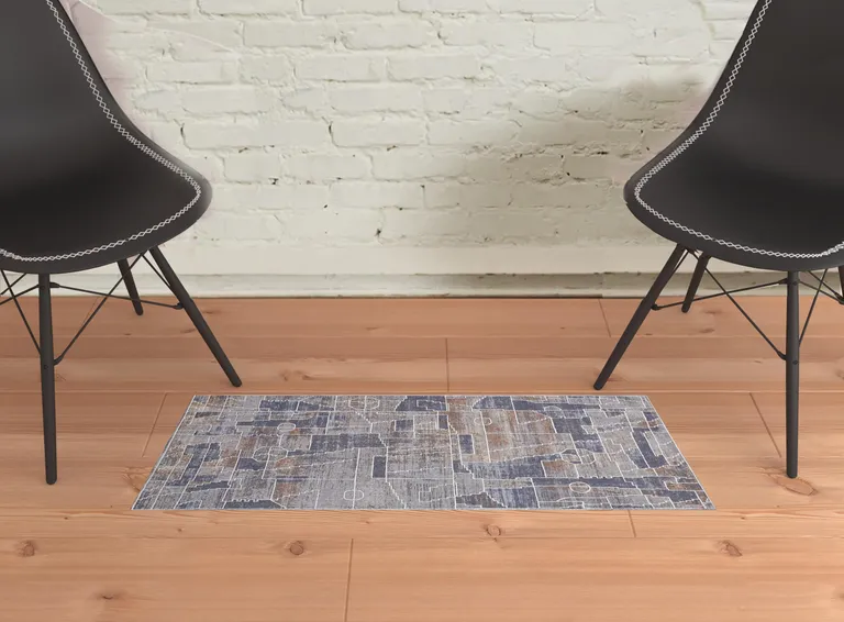 Blue Gray And Orange Geometric Power Loom Stain Resistant Area Rug Photo 2