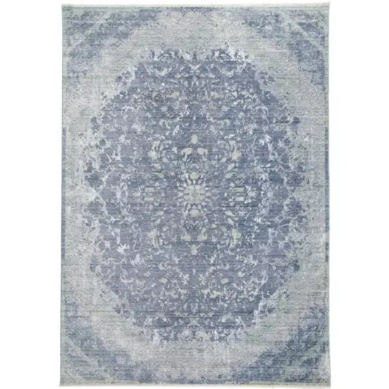 Blue Gray And Silver Abstract Distressed Area Rug With Fringe Photo 1