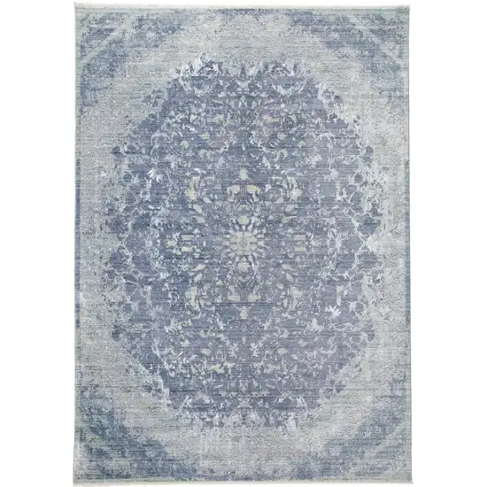 Blue Gray And Silver Abstract Distressed Area Rug With Fringe Photo 5