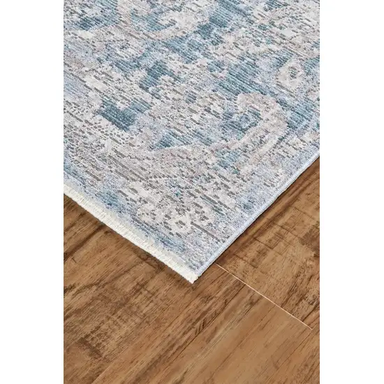 Blue Gray And Silver Abstract Distressed Area Rug With Fringe Photo 5