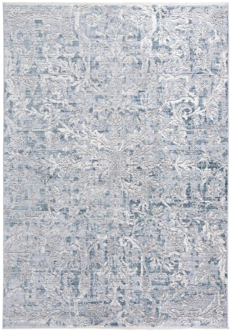 Blue Gray And Silver Abstract Distressed Area Rug With Fringe Photo 1