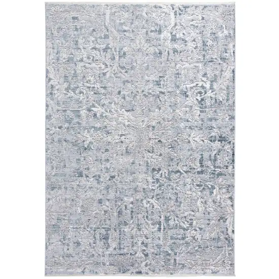 Blue Gray And Silver Abstract Distressed Area Rug With Fringe Photo 1