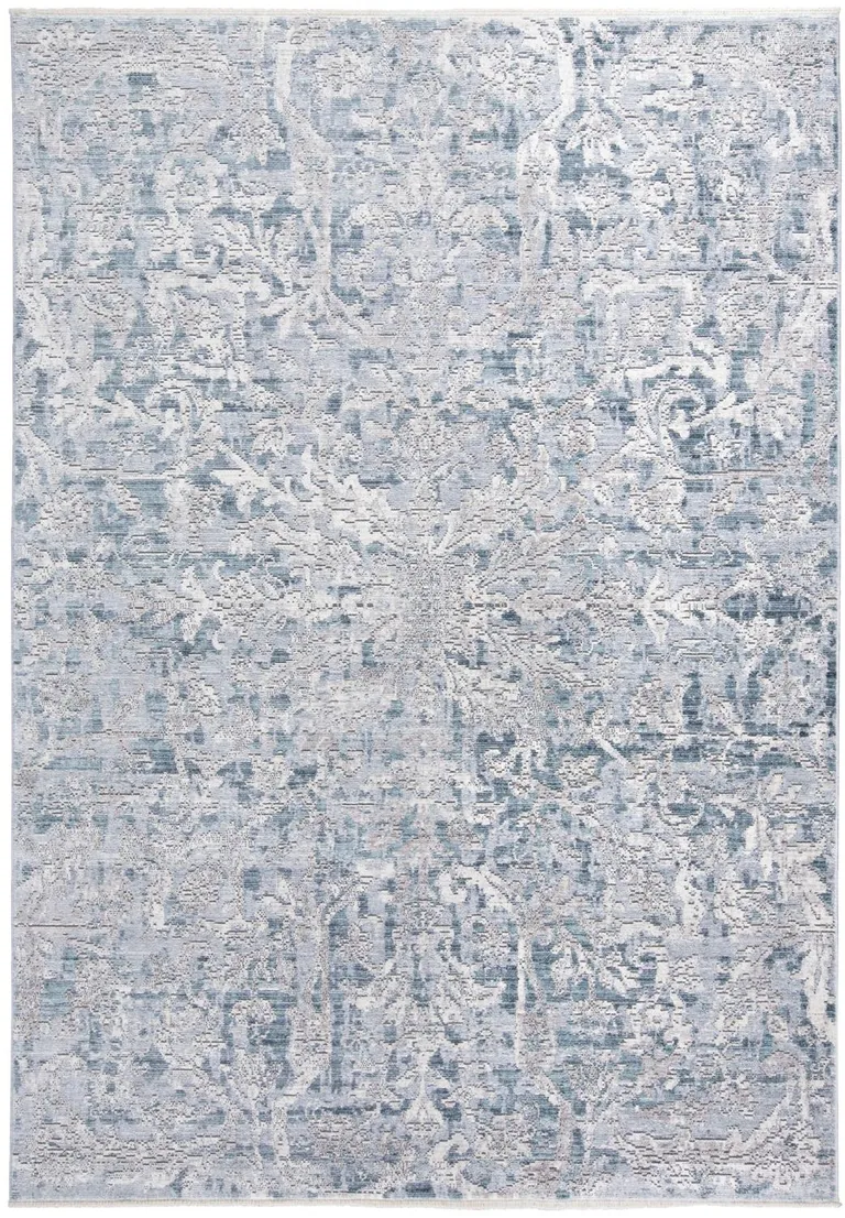 Blue Gray And Silver Abstract Distressed Area Rug With Fringe Photo 1