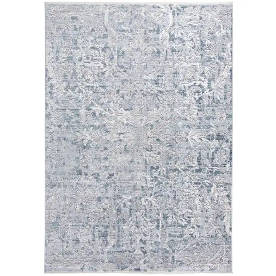 Blue Gray And Silver Abstract Distressed Area Rug With Fringe Photo 1